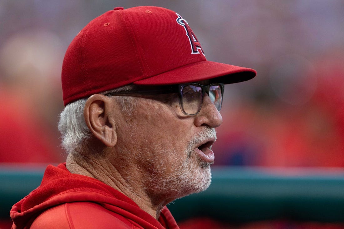 Jun 4, 2022; Philadelphia, Pennsylvania, USA; Los Angeles Angels manager Joe Maddon looks on during the second inning against the Philadelphia Phillies at Citizens Bank Park. Mandatory Credit: Bill Streicher-USA TODAY Sports