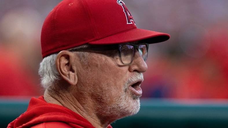 Jun 4, 2022; Philadelphia, Pennsylvania, USA; Los Angeles Angels manager Joe Maddon looks on during the second inning against the Philadelphia Phillies at Citizens Bank Park. Mandatory Credit: Bill Streicher-USA TODAY Sports