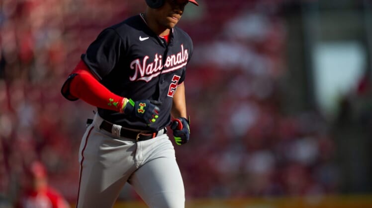 Washington Nationals left fielder Juan Soto (22) rounds third base after hitting a 3-run home run in the seventh inning of the MLB game between the Cincinnati Reds and the Washington Nationals at Great American Ball Park in Cincinnati, Saturday, June 4, 2022.Washington Nationals At Cincinnati Reds