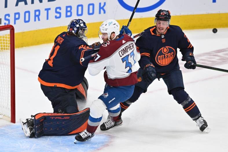 Jun 4, 2022; Edmonton, Alberta, CAN; Colorado Avalanche left wing J.T. Compher (37) skates away from Edmonton Oilers goaltender Mike Smith (41) and defenseman Tyson Barrie (22) in the second period in game three of the Western Conference Final of the 2022 Stanley Cup Playoffs at Rogers Place. Mandatory Credit: Walter Tychnowicz-USA TODAY Sports