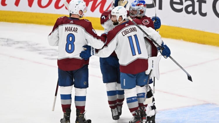 Jun 4, 2022; Edmonton, Alberta, CAN; Colorado Avalanche celebrate a win over the Edmonton Oilers in game three of the Western Conference Final of the 2022 Stanley Cup Playoffs at Rogers Place. Mandatory Credit: Walter Tychnowicz-USA TODAY Sports