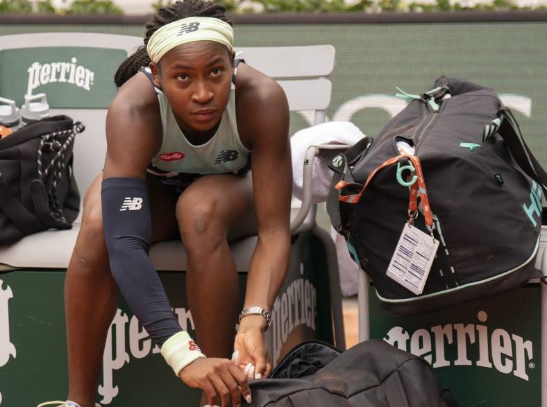 June 5, 2022; Paris, France;  Coco Gauff (USA) after losing the women s doubles final with Jessica Pegula (USA) to Caroline Garcia (FRA) and Kristina Mladenovic (FRA) on day 15 of the French Open at Stade Roland-Garros. Mandatory Credit: Susan Mullane-USA TODAY Sports