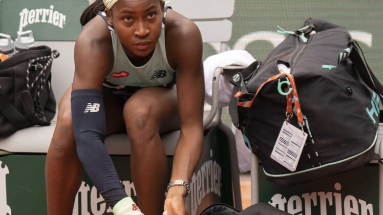 June 5, 2022; Paris, France;  Coco Gauff (USA) after losing the women's doubles final with Jessica Pegula (USA) to Caroline Garcia (FRA) and Kristina Mladenovic (FRA) on day 15 of the French Open at Stade Roland-Garros. Mandatory Credit: Susan Mullane-USA TODAY Sports