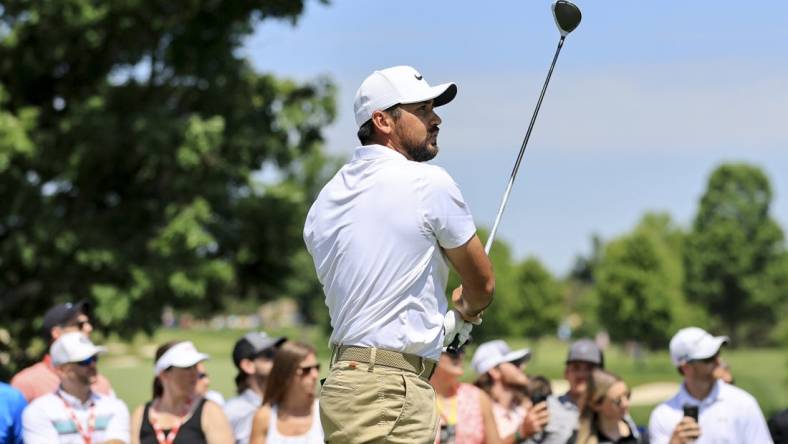 Jun 5, 2022; Dublin, Ohio, USA; Jason Day plays his shot from the first tee during the final round of the Memorial Tournament. Mandatory Credit: Aaron Doster-USA TODAY Sports