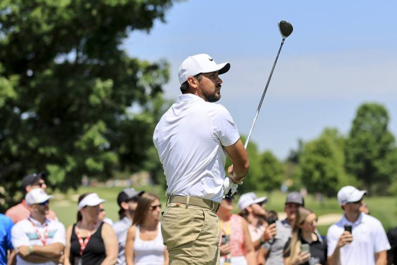 Jun 5, 2022; Dublin, Ohio, USA; Jason Day plays his shot from the first tee during the final round of the Memorial Tournament. Mandatory Credit: Aaron Doster-USA TODAY Sports