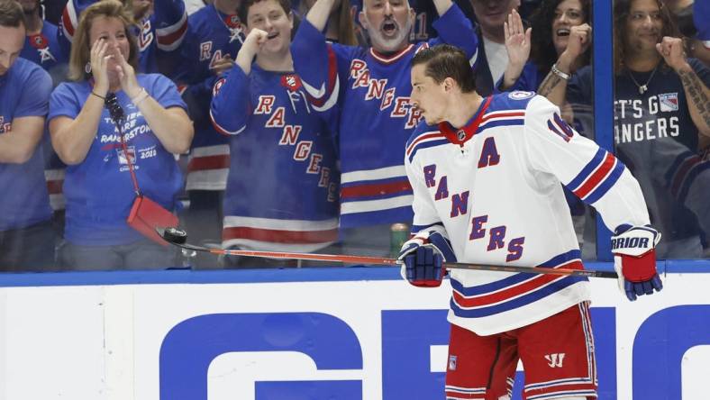 Jun 5, 2022; Tampa, Florida, USA; New York Rangers center Ryan Strome (16) prior to game three of the Eastern Conference Final of the 2022 Stanley Cup Playoffs against the Tampa Bay Lightning at Amalie Arena. Mandatory Credit: Kim Klement-USA TODAY Sports