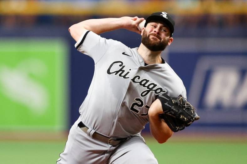 Jun 5, 2022; St. Petersburg, Florida, USA;  Chicago White Sox starting pitcher Lucas Giolito (27) throws a pitch against the Tampa Bay Rays in the first inning at Tropicana Field. Mandatory Credit: Nathan Ray Seebeck-USA TODAY Sports