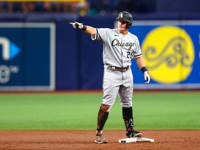 Jun 5, 2022; St. Petersburg, Florida, USA;  Chicago White Sox left field Andrew Vaughn (25) reacts after hitting an rbi double against the Tampa Bay Rays in the second inning at Tropicana Field. Mandatory Credit: Nathan Ray Seebeck-USA TODAY Sports