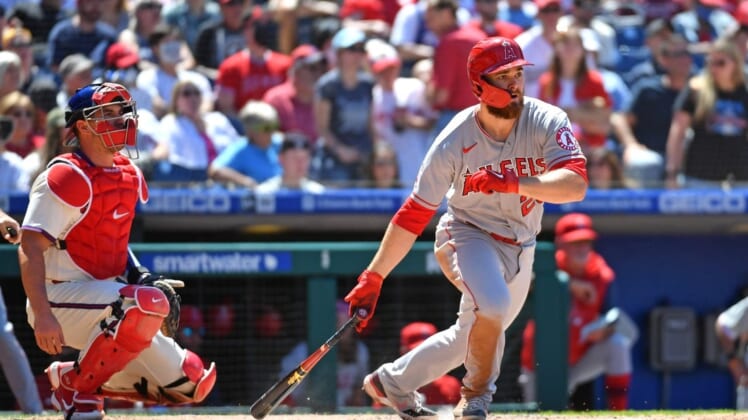 Jun 5, 2022; Philadelphia, Pennsylvania, USA; Los Angeles Angels first baseman Jared Walsh (20) hits a two RBI single against the Philadelphia Phillies during the fourth inning at Citizens Bank Park. Mandatory Credit: Eric Hartline-USA TODAY Sports
