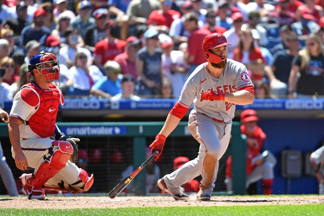 Jun 5, 2022; Philadelphia, Pennsylvania, USA; Los Angeles Angels first baseman Jared Walsh (20) hits a two RBI single against the Philadelphia Phillies during the fourth inning at Citizens Bank Park. Mandatory Credit: Eric Hartline-USA TODAY Sports