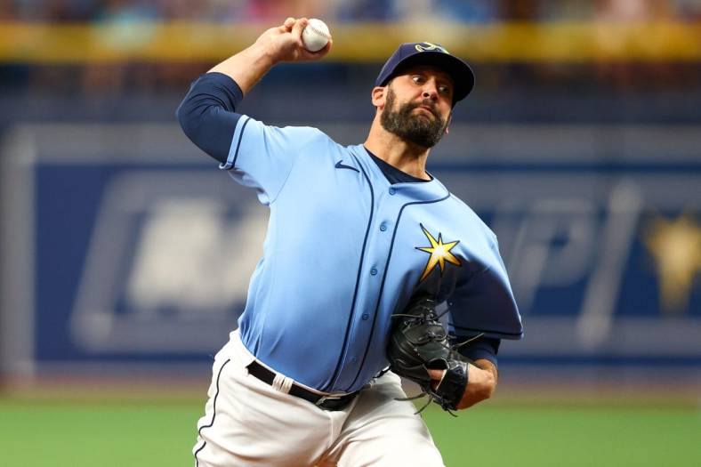Jun 5, 2022; St. Petersburg, Florida, USA;  Tampa Bay Rays pitcher Andrew Kittredge (36) throws a pitch against the Chicago White Sox in the ninth inning at Tropicana Field. Mandatory Credit: Nathan Ray Seebeck-USA TODAY Sports