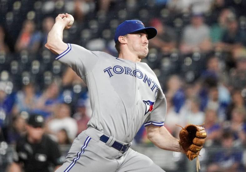 Jun 6, 2022; Kansas City, Missouri, USA; Toronto Blue Jays starting pitcher Ross Stripling (48) delivers a pitch against the Kansas City Royals in the first inning at Kauffman Stadium. Mandatory Credit: Denny Medley-USA TODAY Sports