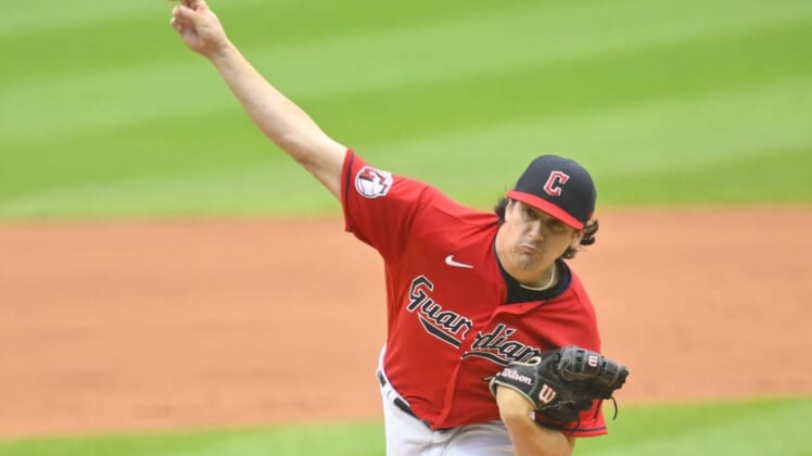Jun 7, 2022; Cleveland, Ohio, USA; Cleveland Guardians starting pitcher Cal Quantrill (47) delivers a pitch in the second inning against the Texas Rangers at Progressive Field. Mandatory Credit: David Richard-USA TODAY Sports