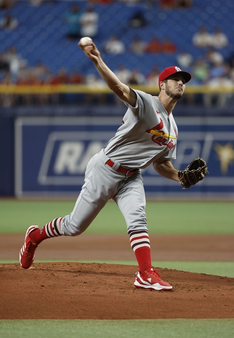 Jun 7, 2022; St. Petersburg, Florida, USA; St. Louis Cardinals starting pitcher Dakota Hudson (43) throws a pitch during the first inning against the Tampa Bay Rays at Tropicana Field. Mandatory Credit: Kim Klement-USA TODAY Sports