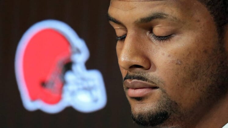 Cleveland Browns quarterback Deshaun Watson pauses for a moment as he listens to reporters during his introductory press conference at the Cleveland Browns Training Facility on Friday, March 25, 2022, in Berea, Ohio.Watsonpressfile