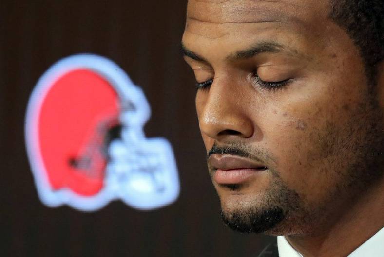 Cleveland Browns quarterback Deshaun Watson pauses for a moment as he listens to reporters during his introductory press conference at the Cleveland Browns Training Facility on Friday, March 25, 2022, in Berea, Ohio.Watsonpressfile