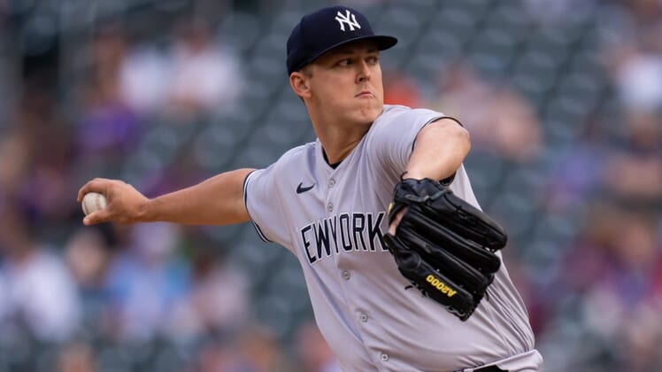 Jun 7, 2022; Minneapolis, Minnesota, USA;  New York Yankees starting pitcher Jameson Taillon (50) pitches against the Minnesota Twins in the first inning at Target Field. Mandatory Credit: Brad Rempel-USA TODAY Sports