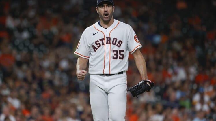 Jun 7, 2022; Houston, Texas, USA; Houston Astros starting pitcher Justin Verlander (35) reacts after getting a strikeout during the sixth inning against the Seattle Mariners at Minute Maid Park. Mandatory Credit: Troy Taormina-USA TODAY Sports