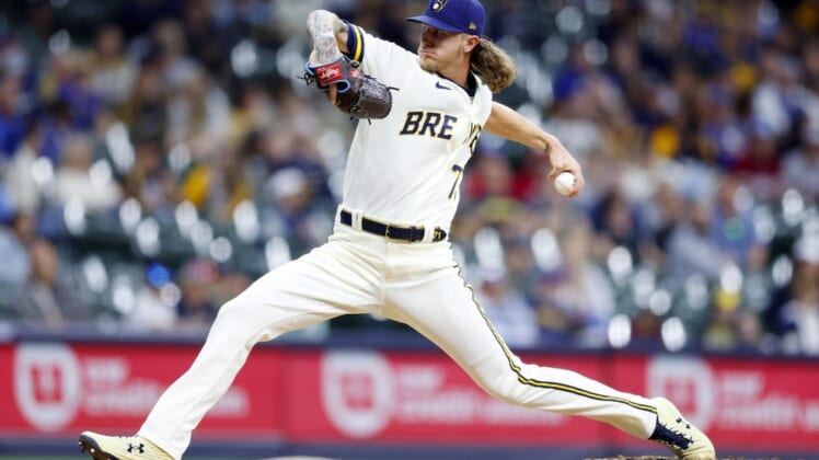 Jun 7, 2022; Milwaukee, Wisconsin, USA;  Milwaukee Brewers pitcher Josh Hader (71) throws a pitch during the ninth inning against the Philadelphia Phillies at American Family Field. Mandatory Credit: Jeff Hanisch-USA TODAY Sports