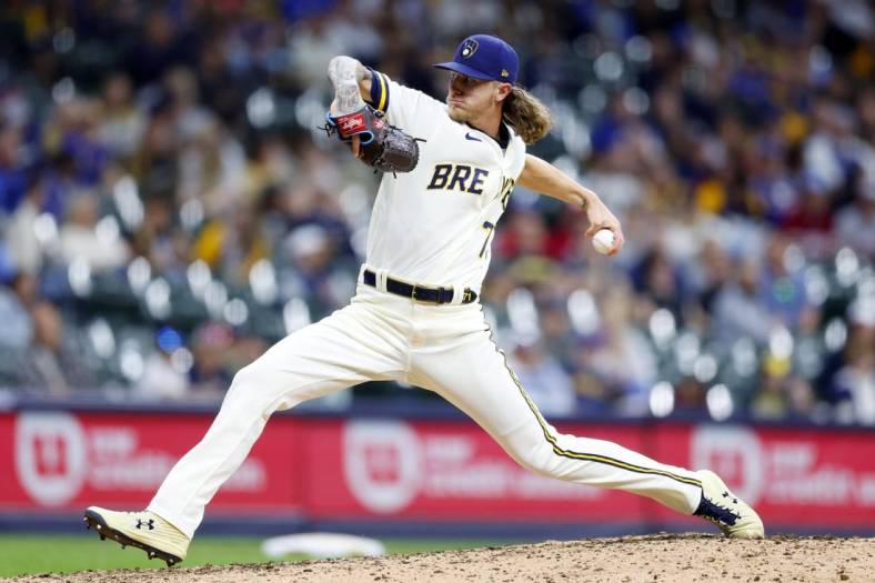 Jun 7, 2022; Milwaukee, Wisconsin, USA;  Milwaukee Brewers pitcher Josh Hader (71) throws a pitch during the ninth inning against the Philadelphia Phillies at American Family Field. Mandatory Credit: Jeff Hanisch-USA TODAY Sports