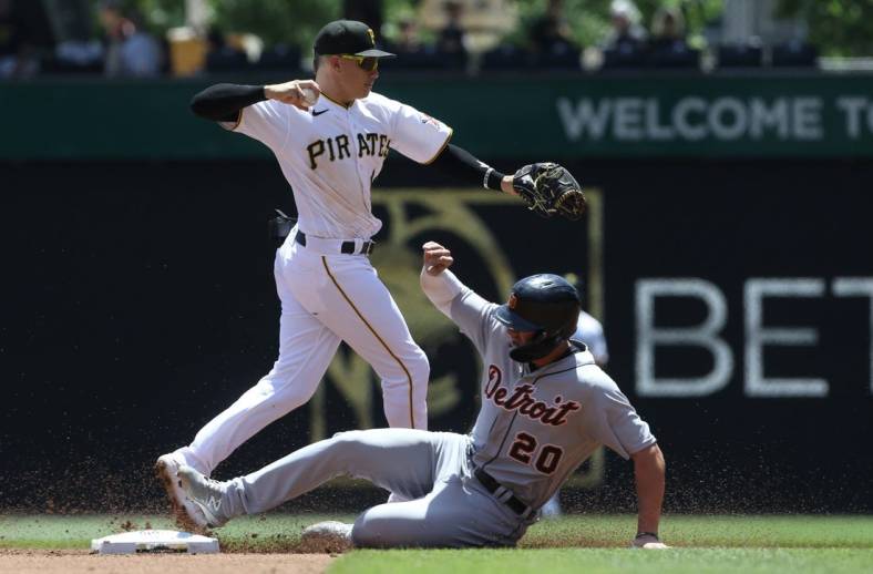 Jun 8, 2022; Pittsburgh, Pennsylvania, USA;  Pittsburgh Pirates shortstop Diego Castillo (64) forces Detroit Tigers first baseman Spencer Torkelson (20) out at second base during the second inning at PNC Park. Mandatory Credit: Charles LeClaire-USA TODAY Sports
