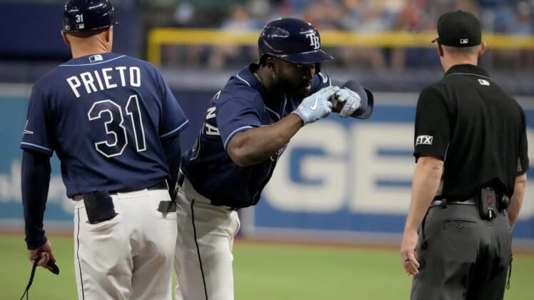 Jun 8, 2022; St. Petersburg, Florida, USA;  Tampa Bay Rays right fielder Randy Arozarena (56) gestures to the dugout after hitting a single in the 3rd inning against the St. Louis Cardinals at Tropicana Field. Mandatory Credit: Dave Nelson-USA TODAY Sports