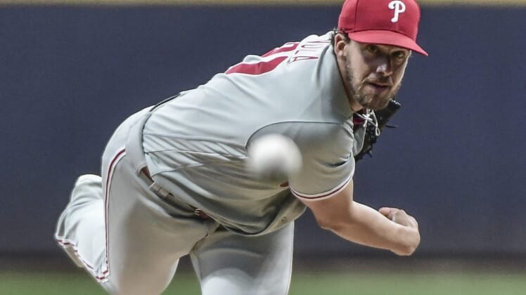 Jun 8, 2022; Milwaukee, Wisconsin, USA;  Philadelphia Phillies pitcher Aaron Nola (27) throws a pitch in the first inning during game against the Milwaukee Brewers at American Family Field. Mandatory Credit: Benny Sieu-USA TODAY Sports