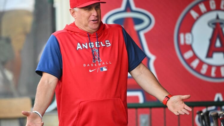 Jun 8, 2022; Anaheim, California, USA;  Los Angeles Angels interim manager Phil Nevin (88) in the dugout during the game against the Boston Red Sox at Angel Stadium. Mandatory Credit: Jayne Kamin-Oncea-USA TODAY Sports