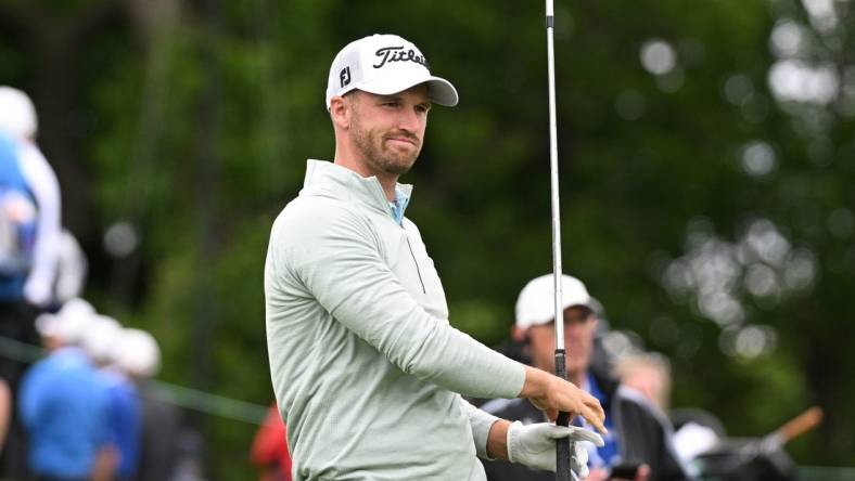 Jun 9, 2022; Etobicoke, Ontario, CAN;  Wyndham Clark reacts after hitting his tee shot on the eighth hole during the first round of the RBC Canadian Open golf tournament. Mandatory Credit: Dan Hamilton-USA TODAY Sports