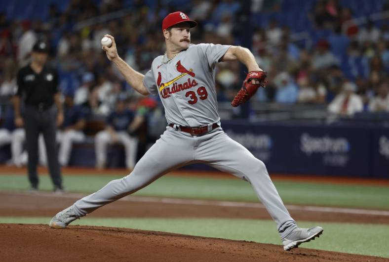 Jun 9, 2022; St. Petersburg, Florida, USA;  St. Louis Cardinals starting pitcher Miles Mikolas (39) throws a pitch during the second inning against the Tampa Bay Rays at Tropicana Field. Mandatory Credit: Kim Klement-USA TODAY Sports