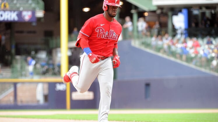 Jun 9, 2022; Milwaukee, Wisconsin, USA; Philadelphia Phillies center fielder Odubel Herrera (37) rounds the bases after hitting a home run in the ninth inning against the Milwaukee Brewers at American Family Field. Mandatory Credit: Michael McLoone-USA TODAY Sports