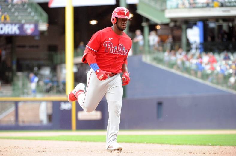 Jun 9, 2022; Milwaukee, Wisconsin, USA; Philadelphia Phillies center fielder Odubel Herrera (37) rounds the bases after hitting a home run in the ninth inning against the Milwaukee Brewers at American Family Field. Mandatory Credit: Michael McLoone-USA TODAY Sports