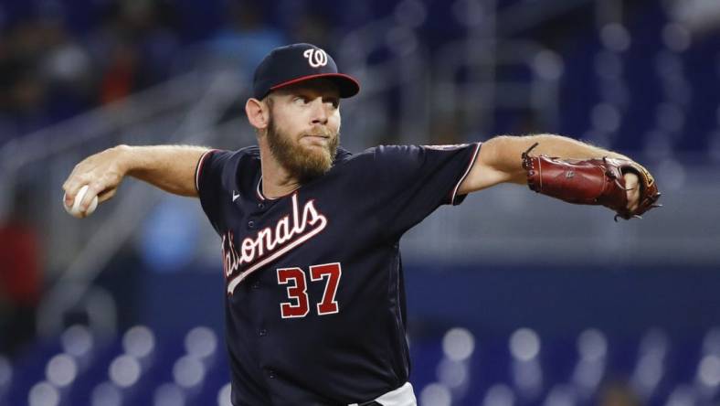 Jun 9, 2022; Miami, Florida, USA; Washington Nationals starting pitcher Stephen Strasburg (37) delivers a pitch during the first inning against the Miami Marlins at loanDepot Park. Mandatory Credit: Sam Navarro-USA TODAY Sports