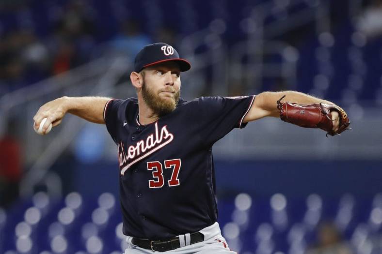Jun 9, 2022; Miami, Florida, USA; Washington Nationals starting pitcher Stephen Strasburg (37) delivers a pitch during the first inning against the Miami Marlins at loanDepot Park. Mandatory Credit: Sam Navarro-USA TODAY Sports