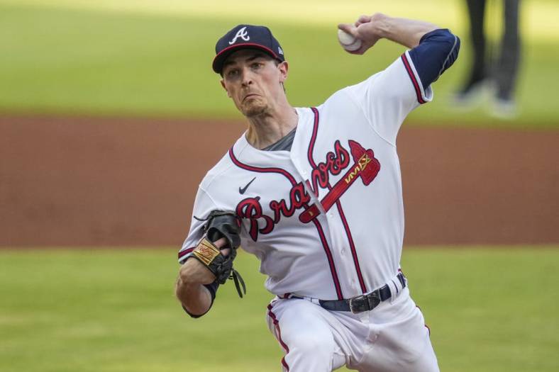 Jun 9, 2022; Cumberland, Georgia, USA; Atlanta Braves starting pitcher Max Fried (54) pitches against the Pittsburgh Pirates during the first inning at Truist Park. Mandatory Credit: Dale Zanine-USA TODAY Sports