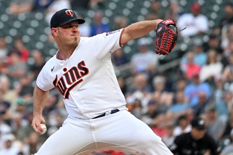 Jun 9, 2022; Minneapolis, Minnesota, USA; Minnesota Twins starting pitcher Dylan Bundy (37) delivers a pitch against the New York Yankees during the second inning at Target Field. Mandatory Credit: Nick Wosika-USA TODAY Sports