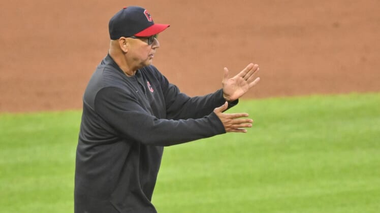 Jun 9, 2022; Cleveland, Ohio, USA; Cleveland Guardians manager Terry Francona (77) walks to the mound during a pitching change in the sixth inning against the Oakland Athletics at Progressive Field. Mandatory Credit: David Richard-USA TODAY Sports