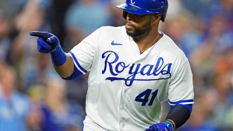 Jun 9, 2022; Kansas City, Missouri, USA; Kansas City Royals first baseman Carlos Santana (41) gestures to the dugout after hitting a home run against the Baltimore Orioles during the fifth inning at Kauffman Stadium. Mandatory Credit: Jay Biggerstaff-USA TODAY Sports