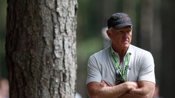(EDITORS NOTE: photo is for use by U.S. and Canada customers only) June 10, 2022; St. Albans, UK;   LIV golf chief executive Greg Norman looks on during the second round of the inaugural LIV golf invitational golf tournament at the Centurion Club. Mandatory Credit: Paul Childs-Action Images/Reuters via USA TODAY Sports