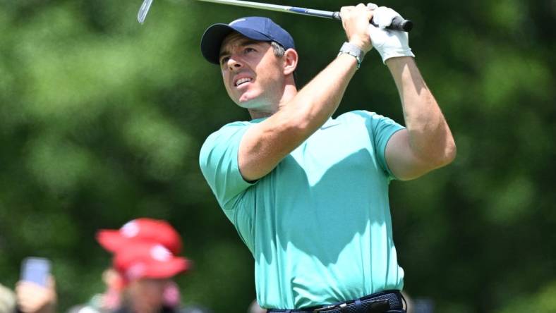 Jun 10, 2022; Etobicoke, Ontario, CAN;  Rory McIlroy hits his tee shot at the third hole during the second round of the RBC Canadian Open golf tournament. Mandatory Credit: Dan Hamilton-USA TODAY Sports