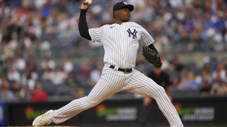 Jun 10, 2022; Bronx, New York, USA; New York Yankees pitcher Luis Severino (40) delivers a pitch against the Chicago Cubs during the first inning at Yankee Stadium. Mandatory Credit: Gregory Fisher-USA TODAY Sports