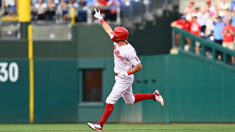 Jun 10, 2022; Philadelphia, Pennsylvania, USA; Philadelphia Phillies first baseman Rhys Hoskins (17) rounds the bases after hitting a home run against the Arizona Diamondbacks in the first inning at Citizens Bank Park. Mandatory Credit: Kyle Ross-USA TODAY Sports