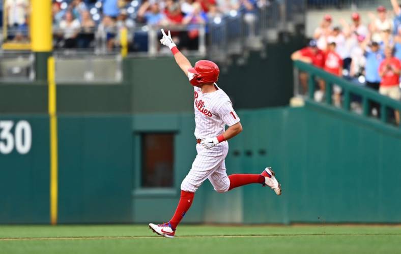 Jun 10, 2022; Philadelphia, Pennsylvania, USA; Philadelphia Phillies first baseman Rhys Hoskins (17) rounds the bases after hitting a home run against the Arizona Diamondbacks in the first inning at Citizens Bank Park. Mandatory Credit: Kyle Ross-USA TODAY Sports