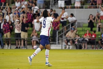 Jun 10, 2022; Austin, Texas, USA; USA forward Jesus Ferreira (9) points to the sky after scoring a goal during a CONCACAF Nations League soccer match against Grenada at Q2 Stadium. Mandatory Credit: Scott Wachter-USA TODAY Sports