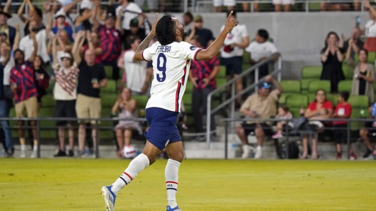 Jun 10, 2022; Austin, Texas, USA; USA forward Jesus Ferreira (9) points to the sky after scoring a goal during a CONCACAF Nations League soccer match against Grenada at Q2 Stadium. Mandatory Credit: Scott Wachter-USA TODAY Sports