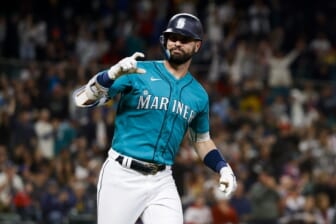 Jun 10, 2022; Seattle, Washington, USA; Seattle Mariners right fielder Jesse Winker (27) gestures towards the dugout  following his two-run home run against the Boston Red Sox during the fifth inning at T-Mobile Park. Mandatory Credit: Joe Nicholson-USA TODAY Sports