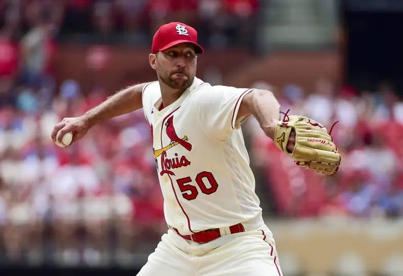 Jun 11, 2022; St. Louis, Missouri, USA;  St. Louis Cardinals starting pitcher Adam Wainwright (50) pitches against the Cincinnati Reds during the first inning at Busch Stadium. Mandatory Credit: Jeff Curry-USA TODAY Sports