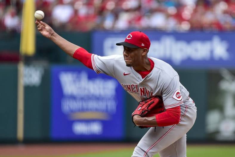 Jun 11, 2022; St. Louis, Missouri, USA;  Cincinnati Reds starting pitcher Hunter Greene (21) pitches against the St. Louis Cardinals during the fifth inning at Busch Stadium. Mandatory Credit: Jeff Curry-USA TODAY Sports