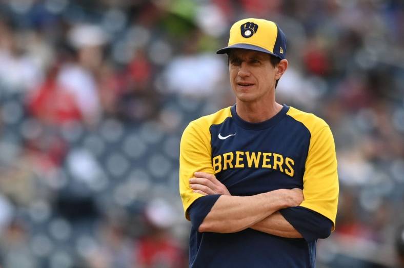 Jun 11, 2022; Washington, District of Columbia, USA;  Milwaukee Brewers manager Craig Counsell (30) stands on the field during the seventh inning H| at Nationals Park. Mandatory Credit: Tommy Gilligan-USA TODAY Sports