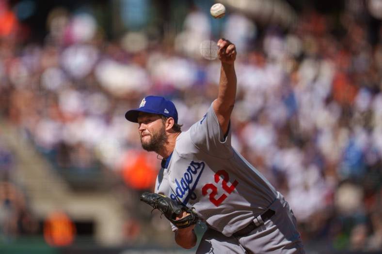 Jun 11, 2022; San Francisco, California, USA;  Los Angeles Dodgers starting pitcher Clayton Kershaw (22) delivers a pitch during the first inning against the San Francisco Giants at Oracle Park. Mandatory Credit: Neville E. Guard-USA TODAY Sports